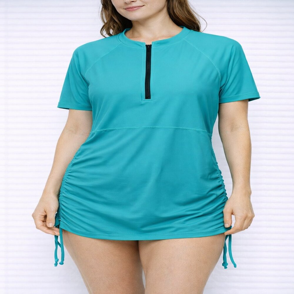 Halcourt Teal Short Sleeve Swim Top XL Ruched‎ Sides Quarter Zip Rash Guard